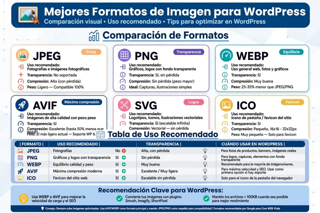 mejores formatos de archivo de imagen para WordPress